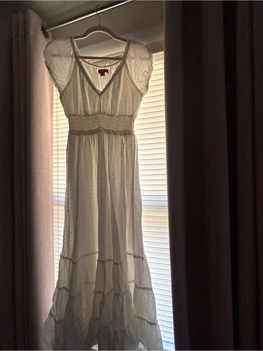 White betsey Johnson Swiss dot Maxi Dress with Smocked Waist